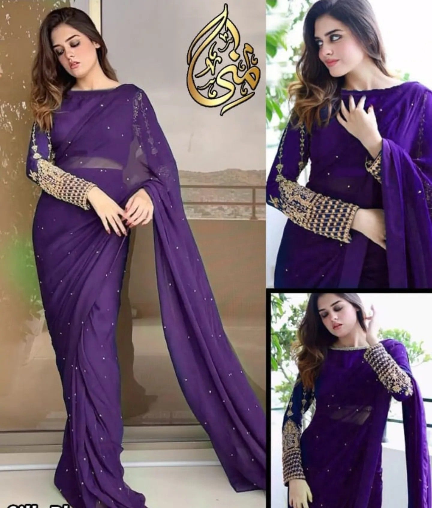 Stiched Pearls Embroidered Saree With Petticoat And Blouse (3 Colour)