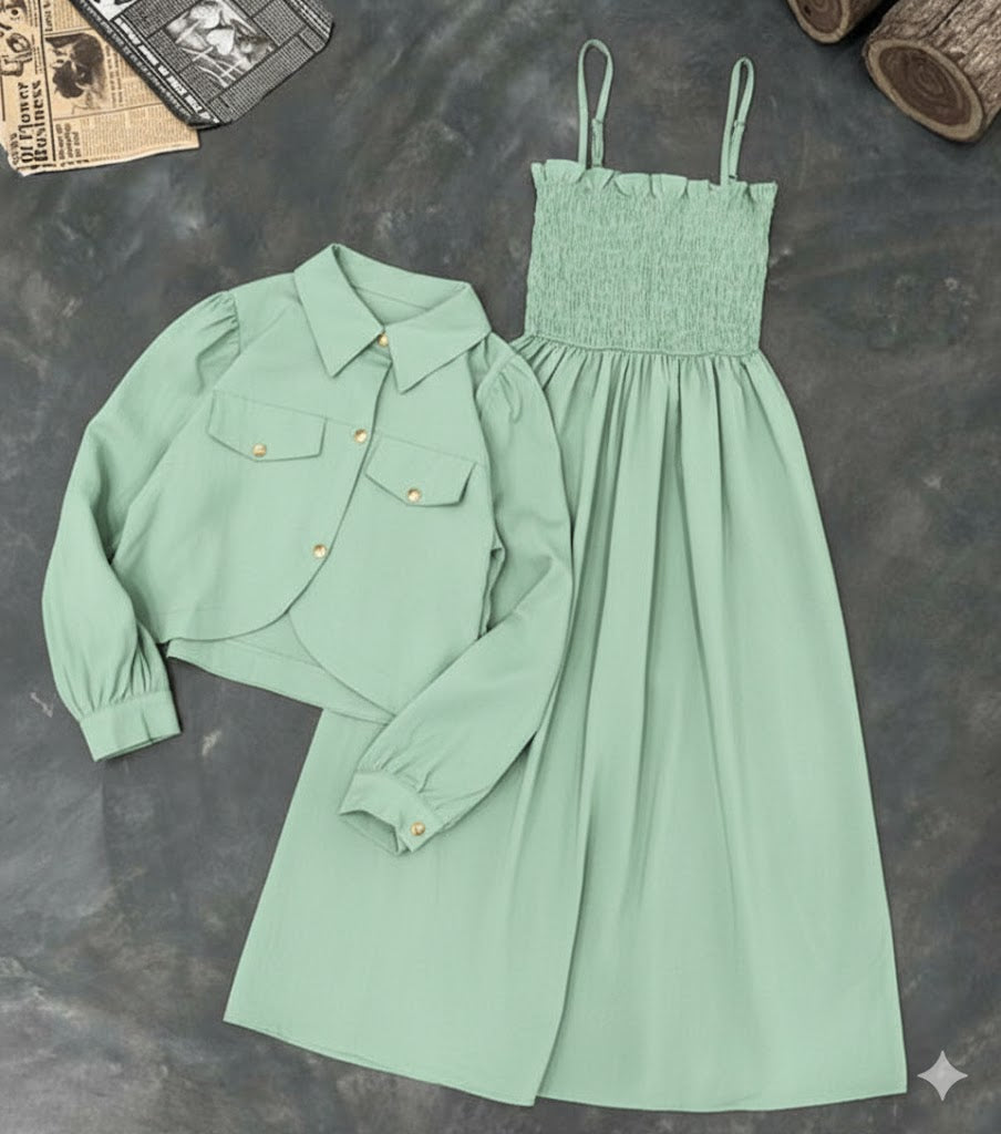 Kaaj Button Coati With Gazzer Romper Frock 2Pcs