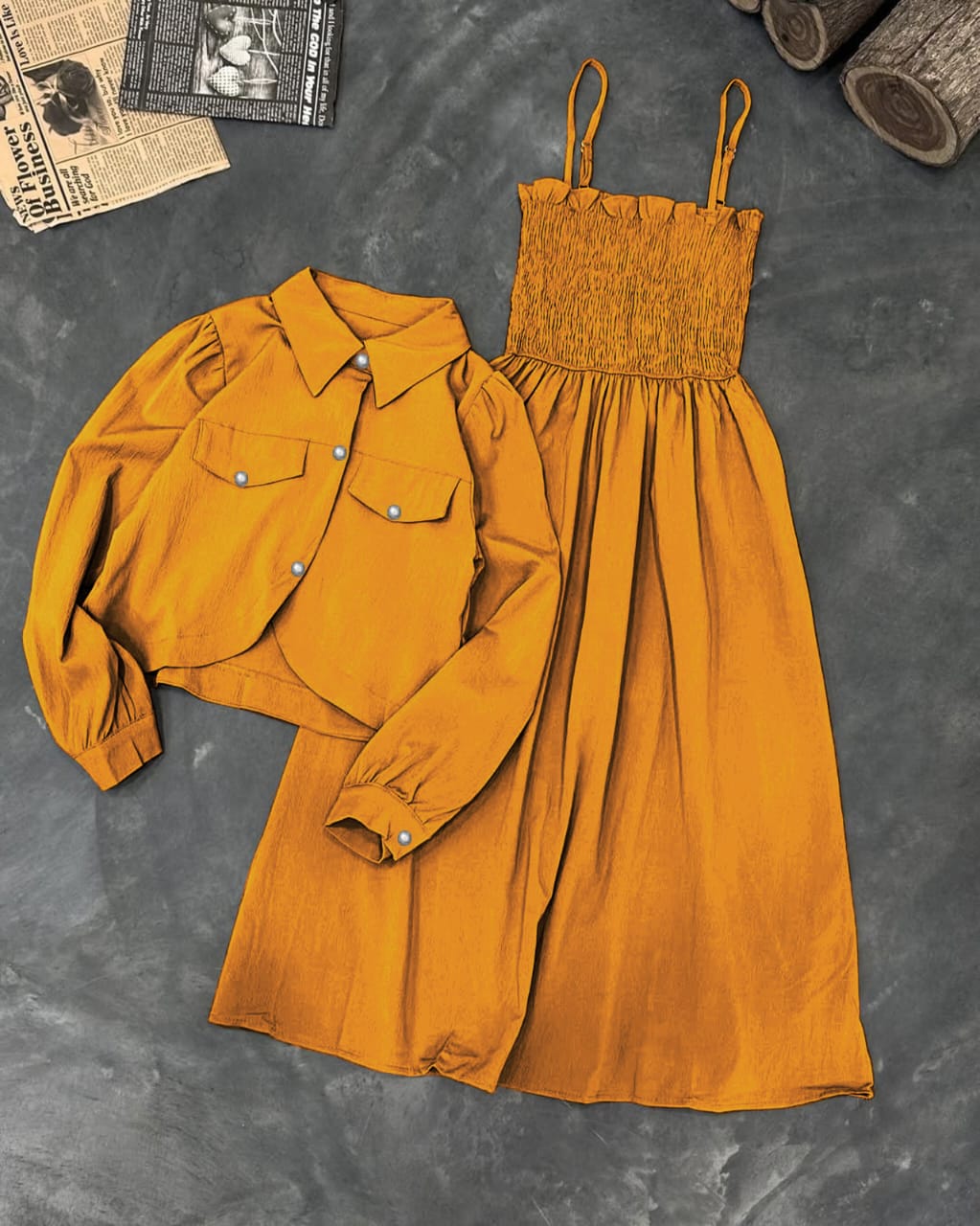 Kaaj Button Coati With Gazzer Romper Frock 2Pcs